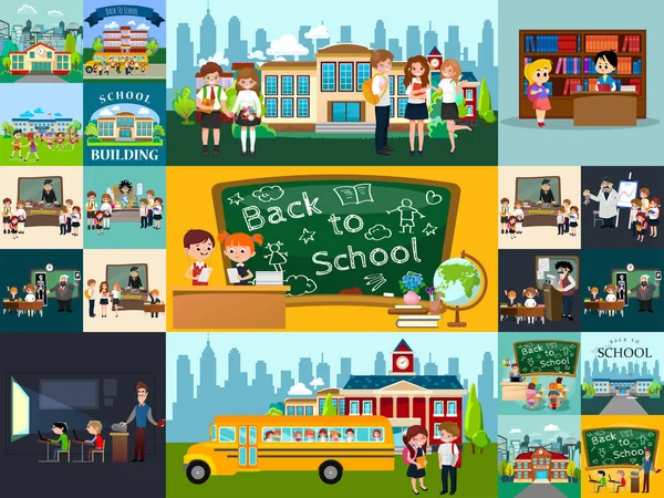 Geri okul seti pictographs, çocuk hayat gazete ve Kütüphane, erkek basketbol kızlar amigo takım, öğretmen, sınıf, Profesör ders üniversite, vektör çizim Bina öğrenciler ile