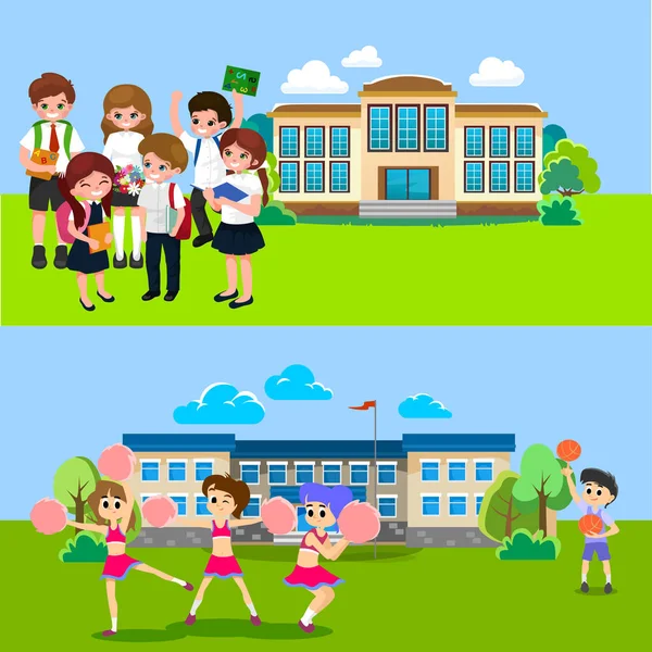 Okul kavramı afiş için geri, çocukların yakın okul bina ve mutlu eğitim öğretim yılı başında öğrenciler üniforma girilen üniversite vektör çizim ve sırt çantaları ile stand