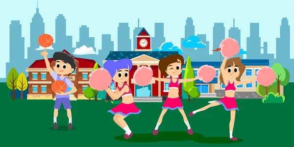 Cheerleader tanzen in Uniform mit Bommelmützen, Teenager-Mädchenschul-Teamkonzept, Sport-Vektor-Illustration für Grund- und Oberschulen — Stockvektor