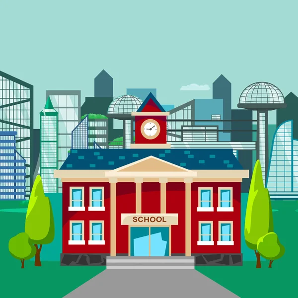 Moderno edificio de la escuela exterior, estudiante concepto de ciudad, escuela primaria fachada calle urbana fondo, icono vector ilustración — Vector de stock