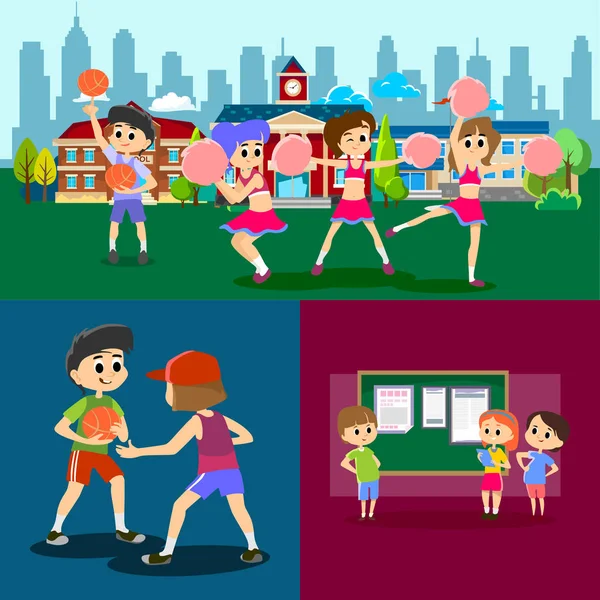 Cheerleader Dans i uniform med pom poms, tonåring flicka skolan team koncept, elementära och gymnasiet sport aktivitet vektorillustration — Stock vektor