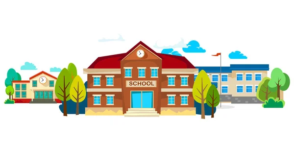 Bâtiments scolaires modernes extérieur, concept de ville étudiante, école primaire façade fond urbain rue, illustration vectorielle icône — Image vectorielle