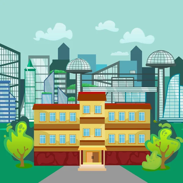 近代学校建物外観、学生都市概念、小学校正面都市通り背景、アイコンのベクトル図 — ストックベクタ