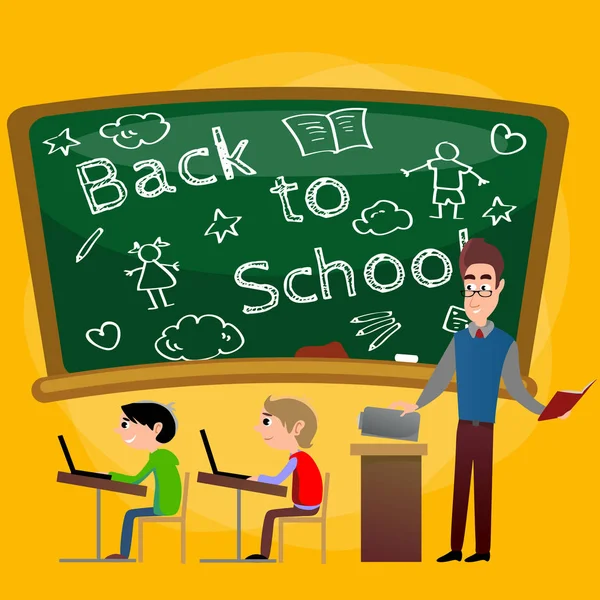 Okul veya üniversite, öğretmen sınıfta ders ders öğrencilerin önünde Resepsiyon yakınındaki açıklar, Çocuk koltukları, öğretmen, eğitim kavramı vektör çizim dinlemek için masalar masalarına oturmak