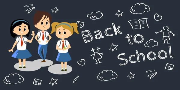 Happy Kids in blue hight school uniform, cute childrens studying in college together, girl and boy student isolated on white background vector illustration — Stock Vector