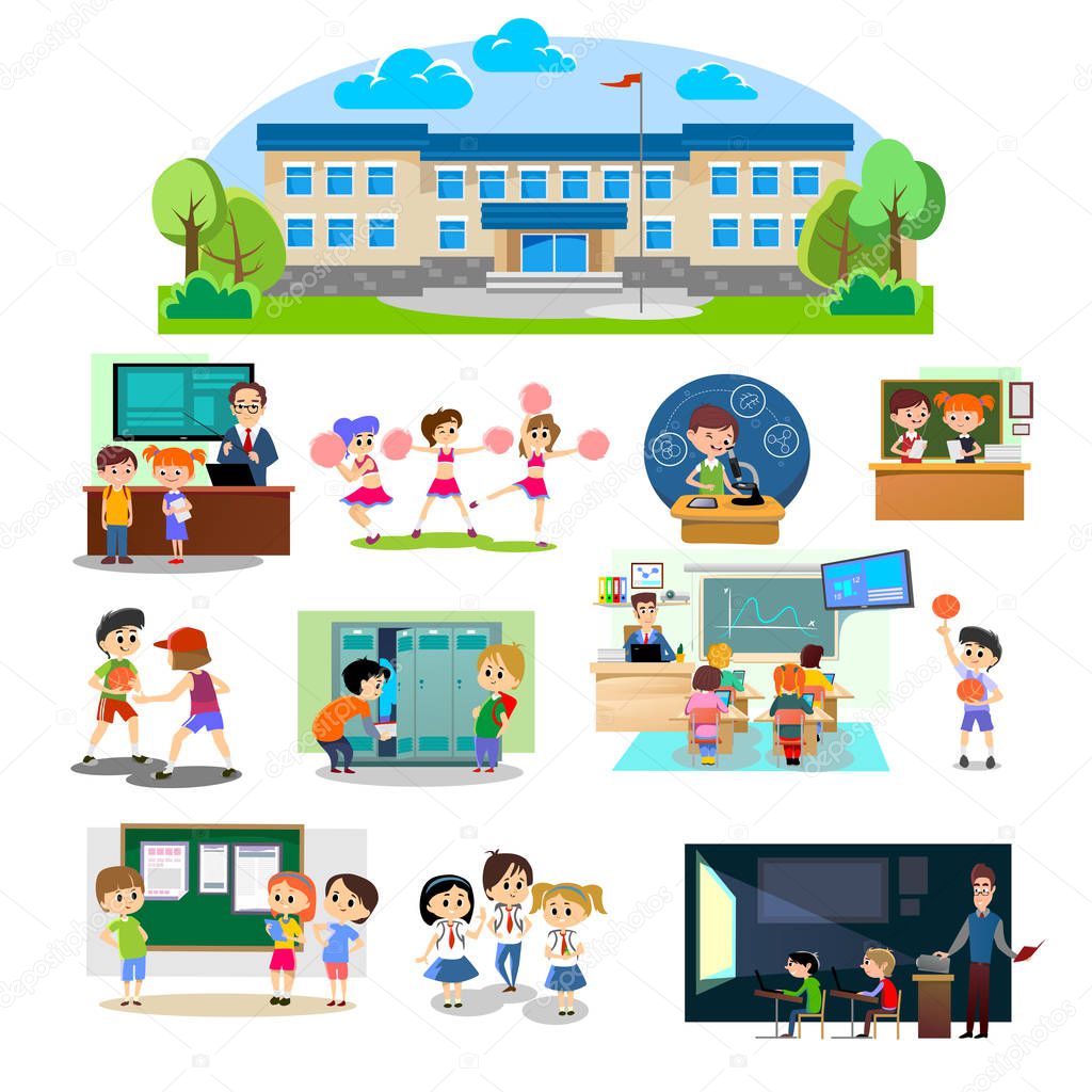 Back to school set of pictographs, childrens life newspaper and library, boys basketball girls cheerleader team, teacher with pupils at class, professor lecture college, building vector illustration