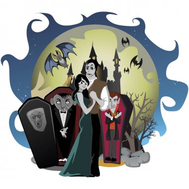 Gotik Cadılar Bayramı partisi vampir çift, arka planı korku davet ancak vampir cosplay, Drakula dişleri ve sivri vektör el ilanı, beyaz erkek ve kadın gece hayatı posteri için eğlenceli veya illüstrasyon banner