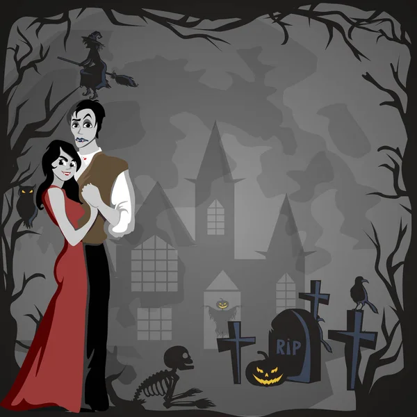 Halloween gothic party with vampire couple, fun background for horror invitation on vamp cosplay, dracula teeth and fangs on vector flyer, white man and woman nightlife poster or banner illustration — Stock Vector