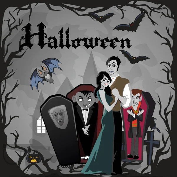 Halloween-Gotik-Party mit Vampirpaar, lustiger Hintergrund für Horror-Einladung zum Vamp Cosplay, Dracula-Zähne und Reißzähne auf Vektorflyer, weißer Mann und Frau Nachtleben-Poster oder Banner-Illustration — Stockvektor