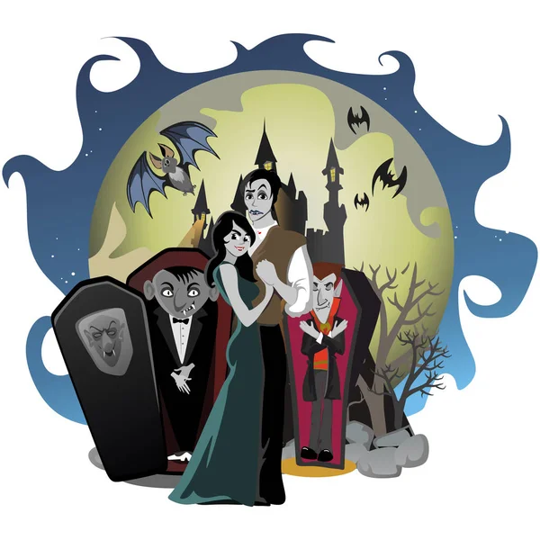 Gotik Cadılar Bayramı partisi vampir çift, arka planı korku davet ancak vampir cosplay, Drakula dişleri ve sivri vektör el ilanı, beyaz erkek ve kadın gece hayatı posteri için eğlenceli veya illüstrasyon banner