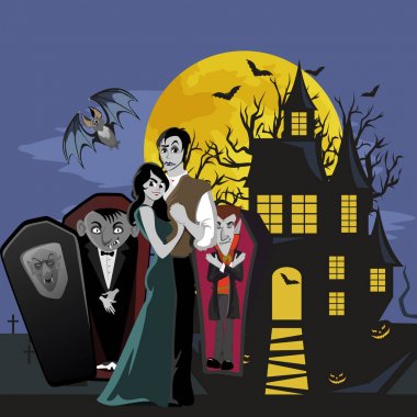Gotik Cadılar Bayramı partisi vampir çift, arka planı korku davet ancak vampir cosplay, Drakula dişleri ve sivri vektör el ilanı, beyaz erkek ve kadın gece hayatı posteri için eğlenceli veya illüstrasyon banner