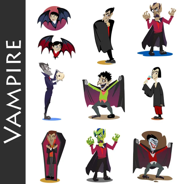 Halloween zestaw z wampirów i ich zamek w pełni księżyca i cmentarz, Draculas potwora w trumnie płaskie ilustracje wektorowe, dobre dla Halloween party zaproszenie lub ulotki, karty z pozdrowieniami — Wektor stockowy