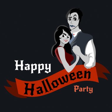 Gotik Cadılar Bayramı partisi vampir çift, arka planı korku davet ancak vampir cosplay, Drakula dişleri ve sivri vektör el ilanı, beyaz erkek ve kadın gece hayatı posteri için eğlenceli veya illüstrasyon banner