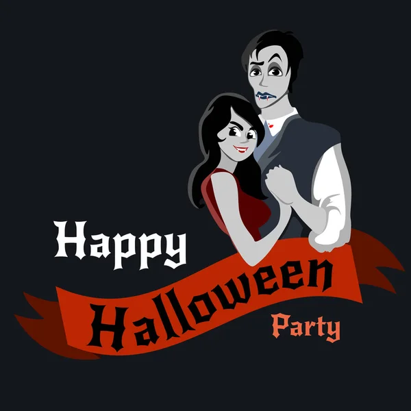 Halloween gothic party with vampire couple, fun background for horror invitation on vamp cosplay, dracula teeth and fangs on vector flyer, white man and woman nightlife poster or banner illustration — стоковый вектор