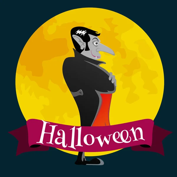 Biglietto di Halloween con vampiro al plenilunio, mostro Draculas in mantello illustrazioni vettoriali piatte, buono per l'invito alla festa di Halloween o volantino, biglietto di auguri — Vettoriale Stock
