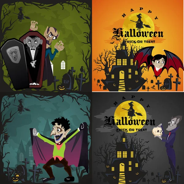 Halloween tła zestaw z wampirów i ich zamek w pełni księżyca i cmentarz, Draculas potwora w trumnie płaskie wektorowe ilustracje, dobre dla Halloween party zaproszenie lub ulotki, karty z pozdrowieniami — Wektor stockowy