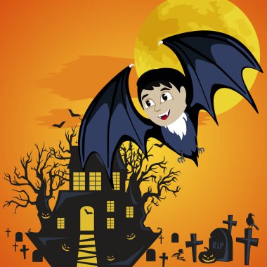 vampir dolunayda korku kabak ve Drakula Şatosu, mezarlığı üzerinde uçan yarasa oyun ya da şeker arka plan, Bebek vampir vektör çizim