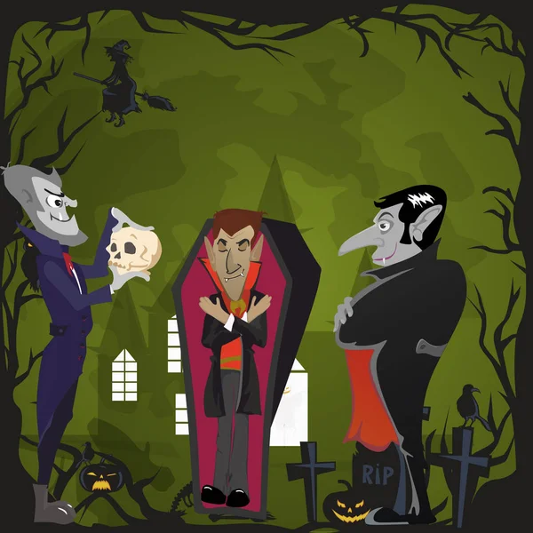 Halloween-Hintergründe mit Vampir und ihrer Burg bei Vollmond und Friedhof, Dracula-Monster im Sarg, flache Vektorillustrationen, gut für Halloween-Party-Einladung oder Flyer, Grußkarte — Stockvektor