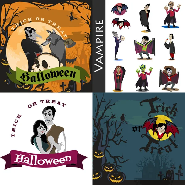 Halloween achtergronden instellen met vampire en hun kasteel onder de volle maan en begraafplaats, DRUCULAS monster in kist platte vectorillustraties, goed voor uitnodiging voor Halloween-feest of flyer, wenskaart — Stockvector