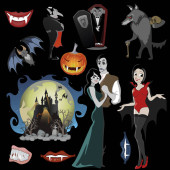 Halloween-Hintergründe mit Vampir und ihrer Burg bei Vollmond und Friedhof, Dracula-Monster im Sarg, flache Vektorillustrationen, gut für Halloween-Party-Einladung oder Flyer, Grußkarte