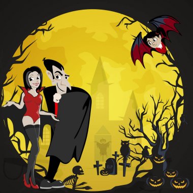 Cadılar Bayramı arka vampir aile çift - erkek, kız ve bebek yarasa, mezarlığı üzerinde kale, Draculanın canavarı Cadılar Bayramı partisi davetiyesi veya el ilanı, tebrik için pelerin düz vektör çizimler '