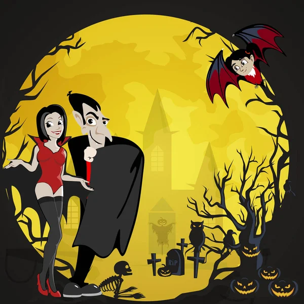 Cadılar Bayramı arka vampir aile çift - erkek, kız ve bebek yarasa, mezarlığı üzerinde kale, Draculanın canavarı Cadılar Bayramı partisi davetiyesi veya el ilanı, tebrik için pelerin düz vektör çizimler '