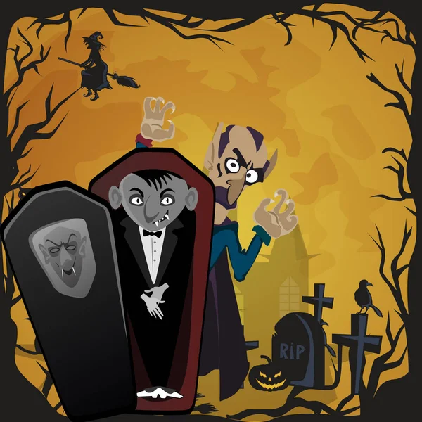 Halloween-Hintergründe mit Vampir und ihrer Burg bei Vollmond und Friedhof, Dracula-Monster im Sarg, flache Vektorillustrationen, gut für Halloween-Party-Einladung oder Flyer, Grußkarte — Stockvektor