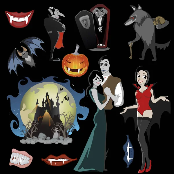 Sfondi di Halloween con vampiro e il loro castello sotto la luna piena e cimitero, mostro Draculas in illustrazioni vettoriali piatte bara, buono per invito festa di Halloween o volantino, biglietto di auguri — Vettoriale Stock