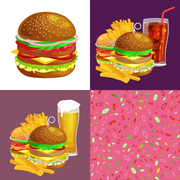 Set of burger grilled beef and fresh vegetables dressed with sauce bun snack american hamburger fastfood barbecue meat meal Hamburger with detailed flying slices of menu ingredients vecor illustration — Stock Vector