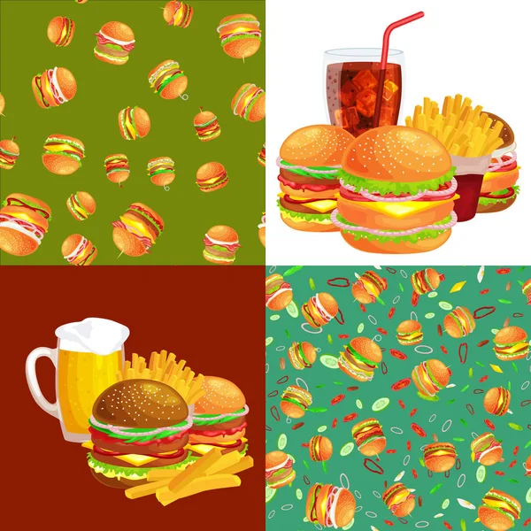 Set of burger grilled beef and fresh vegetables dressed with sauce bun snack american hamburger fastfood barbecue meat meal Hamburger with detailed flying slices of menu ingredients vecor illustration — Stock Vector