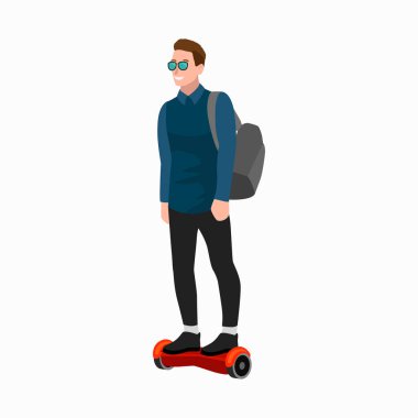 elektrikli scooter, yeni modern teknoloji hoverboard, etkin halklar eğlenceli adam kendini denge çarkı taşıma gyroscooter binmek sokak vector Illustrator