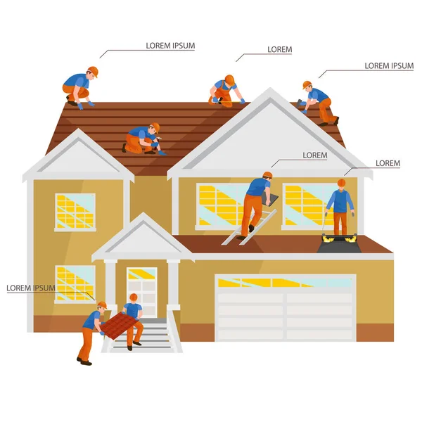 Casa de reparación del trabajador de la construcción del techo, estructura de la construcción que fija la casa del azulejo de la azotea con el equipo de mano de obra, hombres del tejado con herramientas de trabajo en las manos renovación al aire libre vector residencial ilustración — Vector de stock