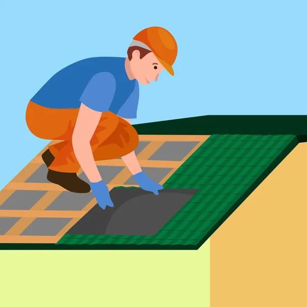 Κατασκευή εργαζόμενος επισκευή στεγών σπίτι, κατασκευή δομή στερέωσης στον τελευταίο όροφο σπίτι με κεραμοσκεπή με τον εξοπλισμό εργασίας, roofer άνδρες με εργασία εργαλεία στα χέρια υπαίθρια ανακαίνιση κατοικιών διανυσματικά εικονογράφηση — Διανυσματικό Αρχείο