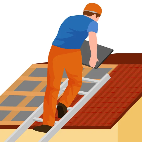 Dachbauarbeiter reparieren Haus, bauen Struktur Befestigung Dachziegel Haus mit Arbeitsgeräten, Dachdecker Männer mit Arbeitswerkzeugen in den Händen im Freien Renovierung Wohnvektor Illustration — Stockvektor