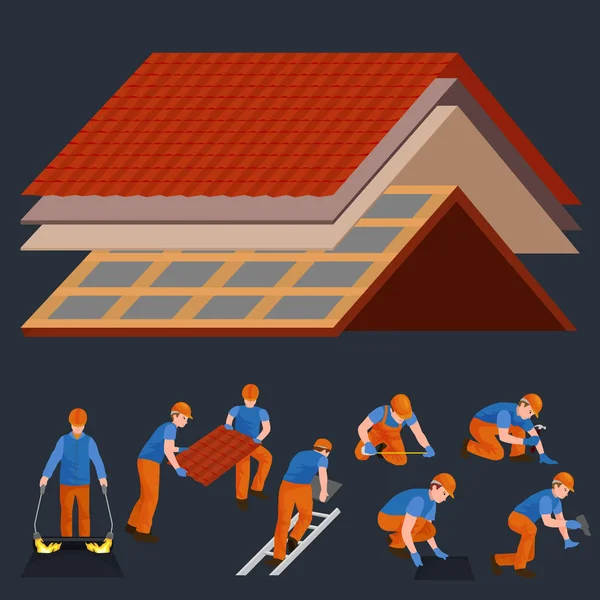 Tak konstruktion arbetaren reparation hem, bygga struktur fastställande taket kakel hus med labor utrustning, roofer män med arbetsredskap i händer utomhus renovering bostäder vektorillustration — Stock vektor