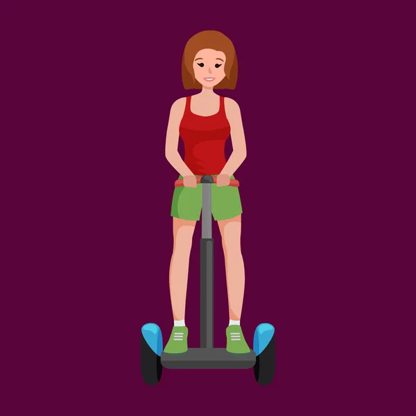 Gente activa diversión con scooter eléctrico, nueva tecnología moderna hoverboard, mujer auto equilibrio rueda transporte giroscooter paseo por la calle vector ilustrador — Archivo Imágenes Vectoriales