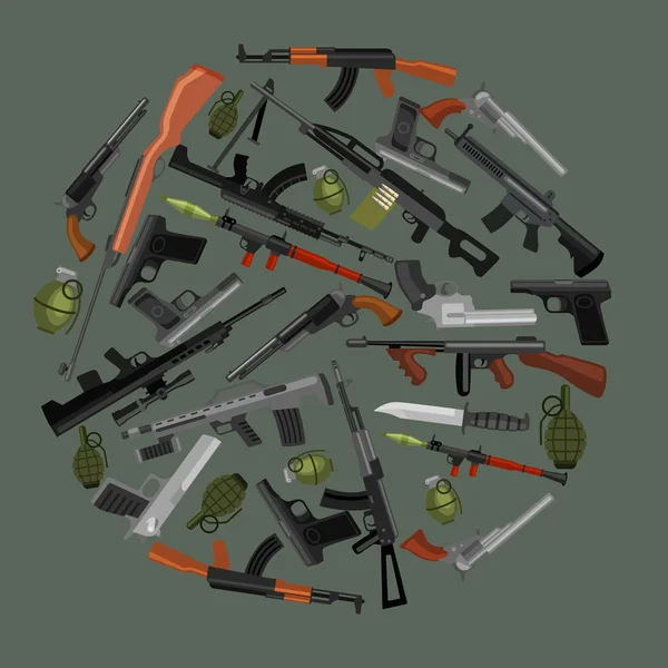 Juego de armas militares, arma automática y de mano en el cañón del cargador con balas para la protección de tiro o colección de guerra, pistola para equipos de caza, munición fondo vector ilustración — Archivo Imágenes Vectoriales