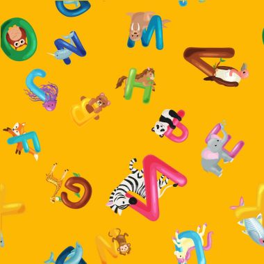 Hayvanlar alfabe arka plan, Dikişsiz desen vektör çizim şirin Hayvanat Bahçesi yaban hayatı ile çizgi film İngilizce türü harflerin ayarlayın. Blok veya çocuk kumaş için dokular