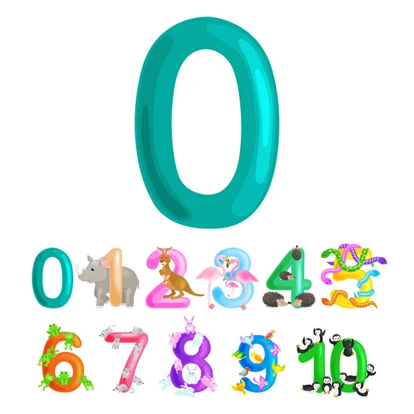 Números ordinales 0 para enseñar a los niños a contar cero birdies con la capacidad de calcular la cantidad de animales abc alfabeto libros de jardín de infantes o carteles de la escuela primaria colección vector ilustración — Vector de stock
