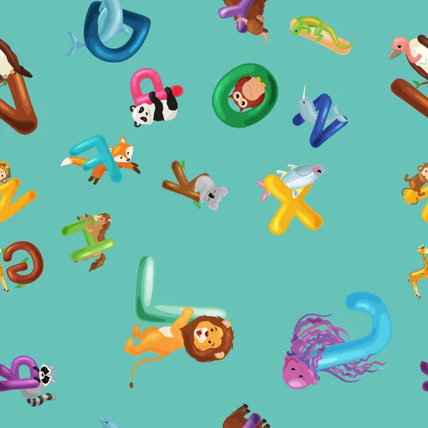 Animale fundal alfabet, Set de desene animate litere de tip engleză cu faunei sălbatice drăguțe zoo în modele fără sudură ilustrare vectorială. Texturi pentru blocuri sau țesături pentru copii — Vector de stoc