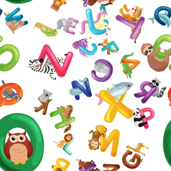 Animals alphabet background, Set of cartoon Russian type letters with cute zoo wildlife in seamless patterns vector illustration. Текстуры для блоков или детской ткани — стоковый вектор