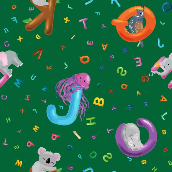 Tiere Alphabet Hintergrund, eine Reihe von Cartoon-Buchstaben englischer Art mit niedlichen Zoo-Tierwelt in nahtlosen Mustern Vektorillustration. Texturen für Blöcke oder Kinderstoffe — Stockvektor