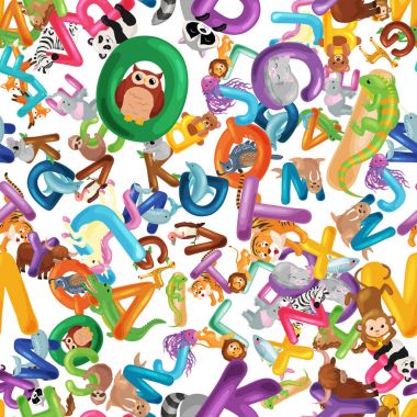 Hayvanlar alfabe arka plan, Dikişsiz desen vektör çizim şirin Hayvanat Bahçesi yaban hayatı ile çizgi film İngilizce türü harflerin ayarlayın. Blok veya çocuk kumaş için dokular