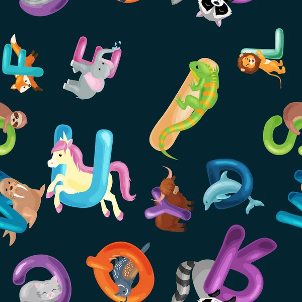 Tiere Alphabet Hintergrund, eine Reihe von Cartoon-Buchstaben englischer Art mit niedlichen Zoo-Tierwelt in nahtlosen Mustern Vektorillustration. Texturen für Blöcke oder Kinderstoffe — Stockvektor