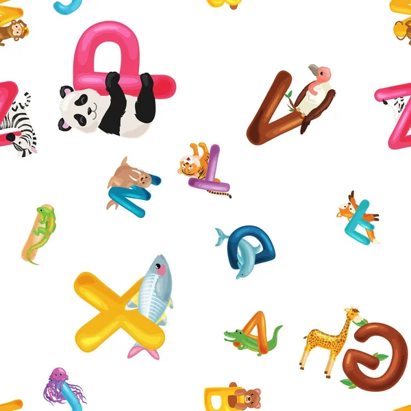Tiere Alphabet Hintergrund, eine Reihe von Cartoon-Buchstaben englischer Art mit niedlichen Zoo-Tierwelt in nahtlosen Mustern Vektorillustration. Texturen für Blöcke oder Kinderstoffe — Stockvektor