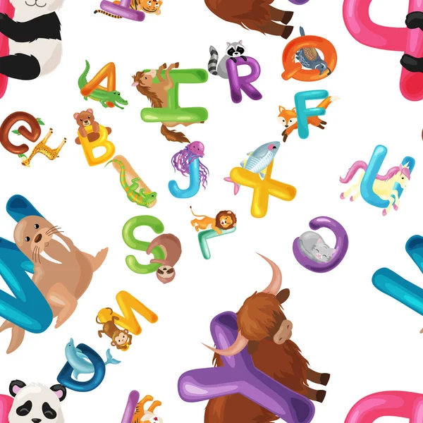Animais alfabeto fundo, Conjunto de desenhos animados letras tipo Inglês com vida selvagem jardim zoológico bonito em padrões sem costura ilustração vetorial. Texturas para blocos ou tecidos infantis —  Vetores de Stock