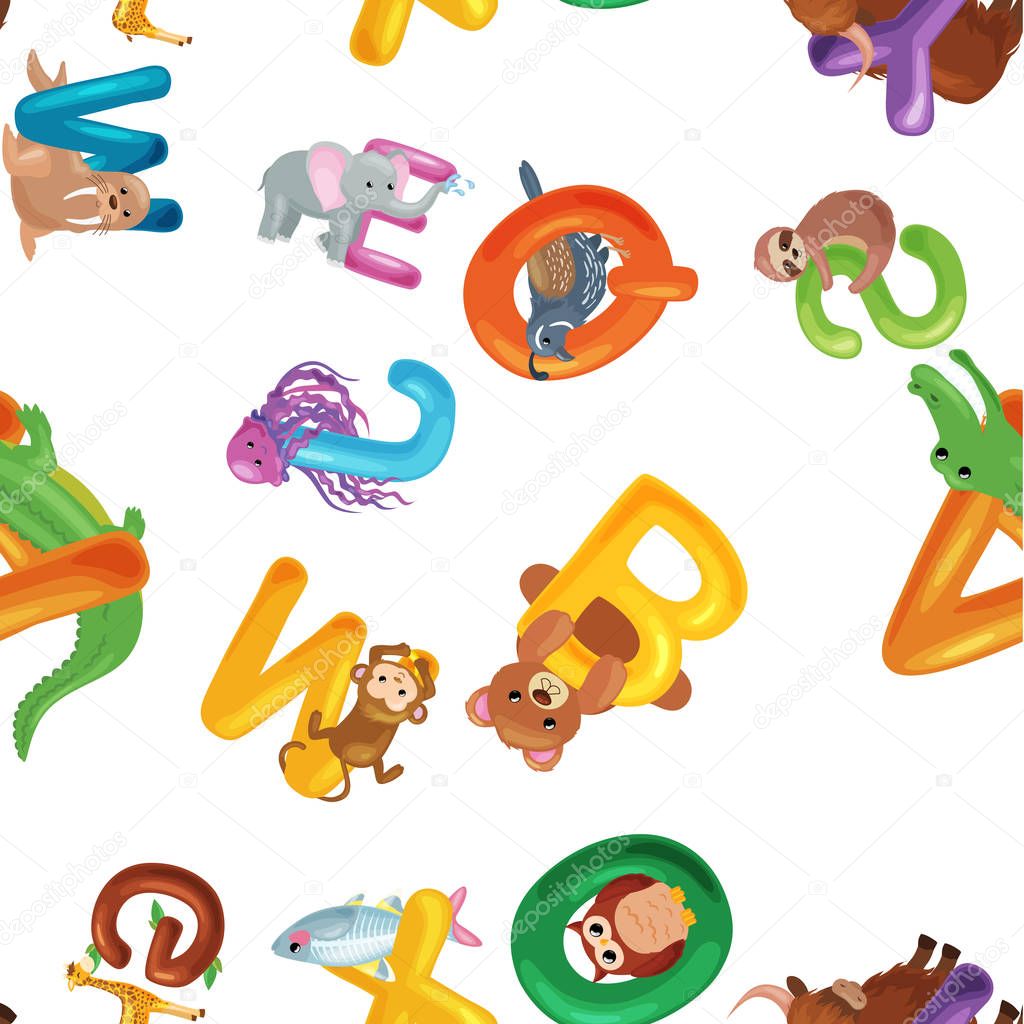 Animals alphabet background, Set of cartoon English type letters with cute zoo wildlife in seamless patterns vector illustration. Textures for blocks or children fabric