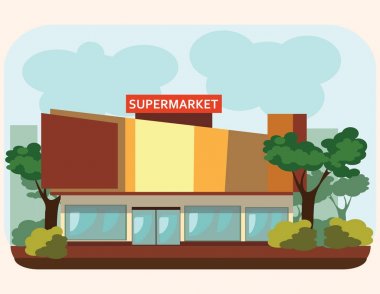 süpermarket bina ayakta sokak, yiyecek ve diğer ürünleri satışında şehir salonu cephe, kentsel inşaat depolamak, dış windows işaretleri ve kapılar, mimari vektör çizim ile piyasa