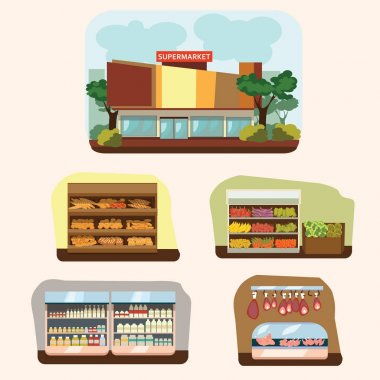 Çizgi film seti mini mağaza sembolleri izole vektör çizim ile bina Dükkanı