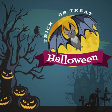 vampir dolunayda korku kabak ve Drakula Şatosu, mezarlığı üzerinde uçan yarasa oyun ya da şeker arkaplan vektör çizim